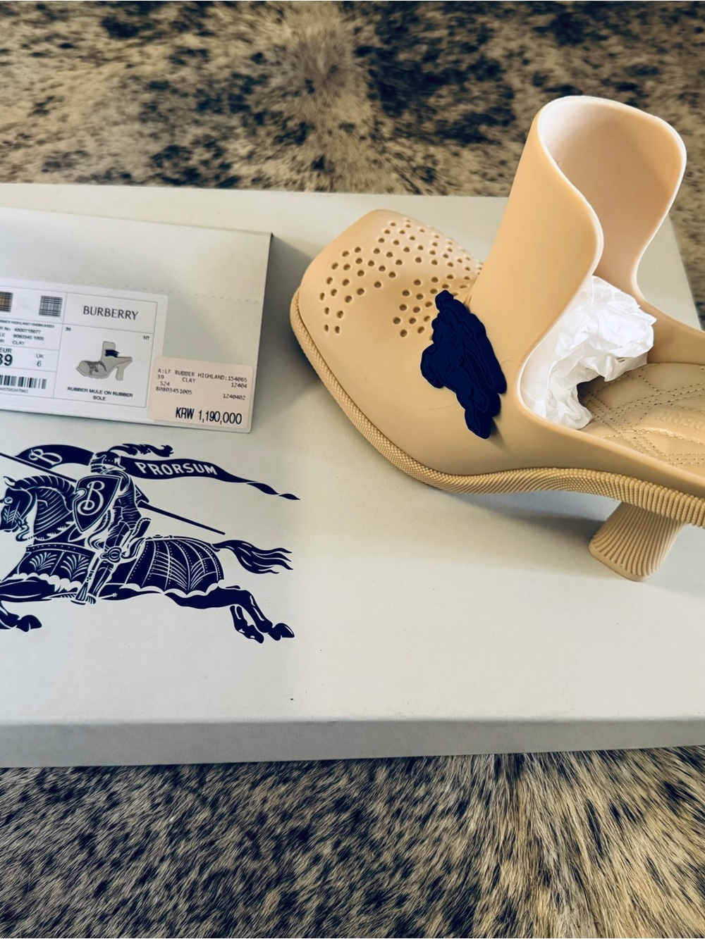 Burberry Cream Slip-On Perforated Wedge Mule with Blue Sole Accent . SZ 39